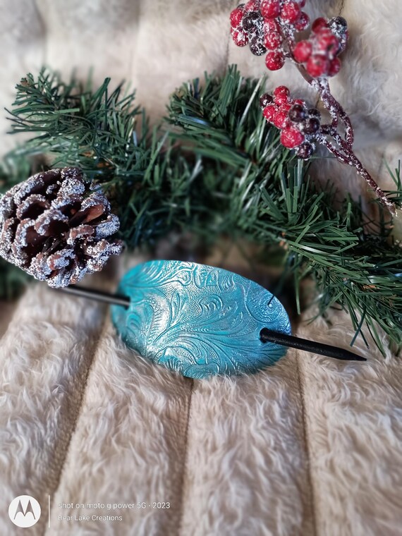 Lovely Handmade Turquoise Hairpiece. Faux Leather, Floral  display picture 1