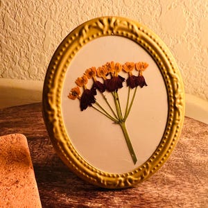 May include: An oval-shaped gold picture frame with a decorative beaded edge containing a pressed flower arrangement. The botanical display features several small, dried orange and dark purple flowers with green stems centered on a white background.
