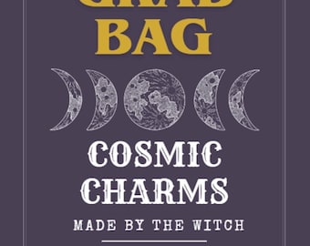 Witch’s Cosmic Charm Grab Bag, 5 Handmade Clay Celestial Tokens, Mystery Set, with Black Velvet Bag