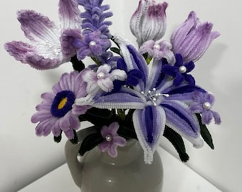 Purple Handmade Pipe Cleaner Flower Bouquet – Custom Forever Gift - Availble in Pink or Blue
