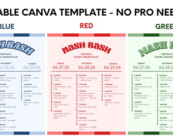Bachelorette Weekend Itinerary – Editable Canva Template | 3 Color Options | Nash Bash Schedule Printable | Team Bride Party Planner