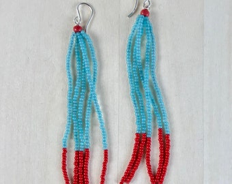 Seed Bead Dangle Earrings - Supermodel Earrings - Scarlet + Turquoise