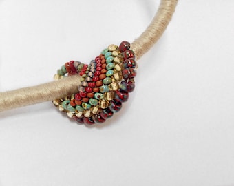 Beadwork Red Gold Turquoise Spiral Beaded Necklace on Silk Wrapped Cording