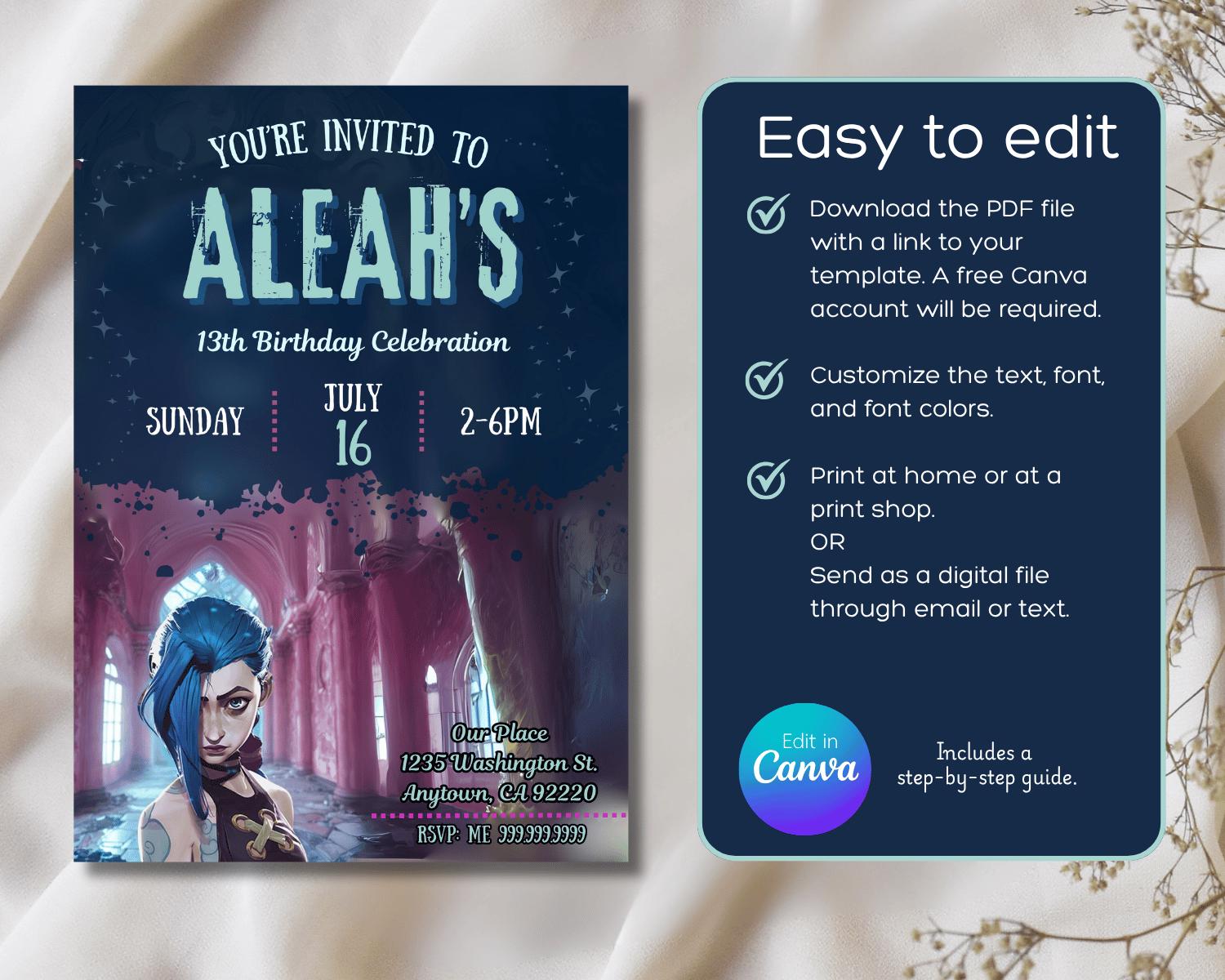 Jinx Template Arcane Birthday Invite: Jinx & Powder, League of Legends (editable 5x7 ...