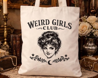 Weird Girl Girls Club Tote, Vintage Tote Bag, Cotton Canvas Tote, Tote Bag, Black And White Tote