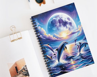 Moonlit Dolphins Notebook, Dolphin Notebook, Dophin Lovers Notebook, Cute Notebook