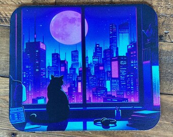 City Cat Mouse Pad: Retro Urban Desk Mat, Cute Cat