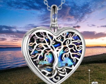 Cremation Urn Necklace for Ashes, Sterling Silver Abalone Shell Tree of Life Heart Locket Keepsake Memorial Jewelry for Women & Men