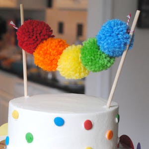 Rainbow Yarn Pom Pom Cake Topper pom poms handmade pom poms Party Decor Banners Buntings Photo Props Cake Topper image 1