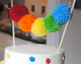 Rainbow Yarn Pom Pom Cake Topper | pom poms | handmade pom poms | Party Decor | Banners | Buntings | Photo Props | Cake Topper