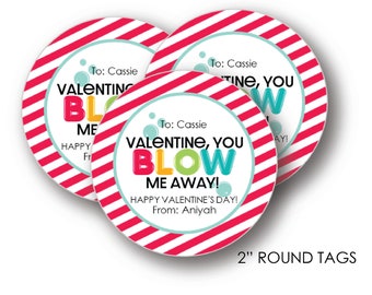 Valentine, You Blow Me Away Round Printable Tag, Blowing Bubbles Valentine, Valentine's Day Printable, Kid's Valentine's, Download Tag