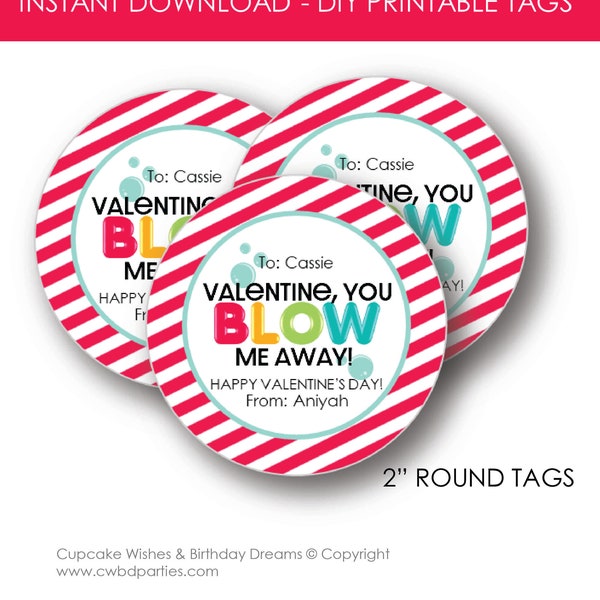 Valentine, You Blow Me Away Round Printable Tag, Blowing Bubbles Valentine, Valentine's Day Printable, Kid's Valentine's, Download Tag