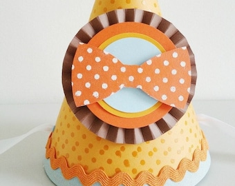 Little Man Orange, Light Blue and Brown Party Hat, Bow Tie, Mustache, Bow, Birthday Party hats, Carnival, Little Guy, Little Gentleman Party