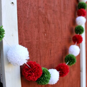 Christmas Garland, Red, White, Green Yarn Pom Pom, Christmas Tree Garland, PomPoms, Holiday Decor, Christmas Buntings, Photo Prop, image 3