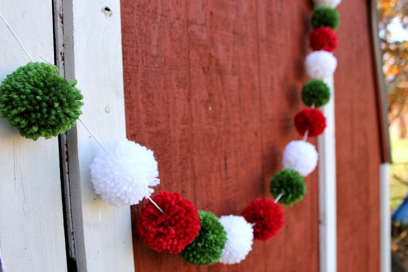 Red, White, Green Yarn Pom Pom Garland, Christmas