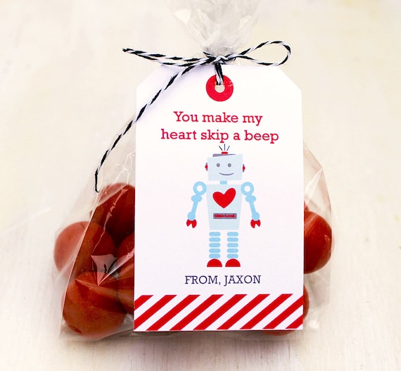 Girl Robot Valentine's Favor Tag, Punny Valentine's, Classroom Treat Labels, Valentine's Day, Printable, Robot, Vintage Robot, Retro Robot Il_570xn
