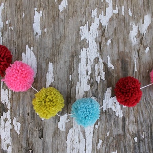 Red, Turquoise, Pink, Bright Green Yarn Pom Pom Christmas Garland, Christmas Tree Garland, Christmas Decor, Holiday Decor, Mantle Decor image 5