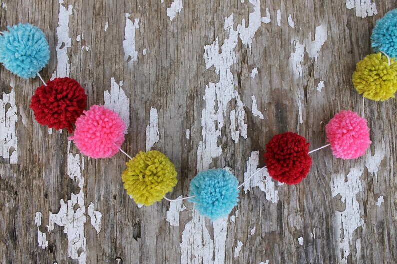 Red, Turquoise, Pink, Bright Green Yarn Pom Pom Christmas Garland, Christmas Tree Garland, Christmas Decor, Holiday Decor, Mantle Decor image 5