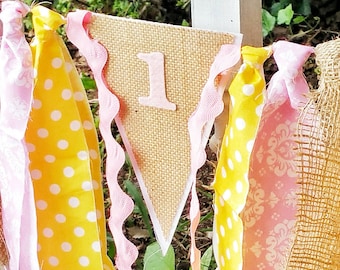 Pink and Yellow First 1st Birthday Burlap garland, high chair bunting and crown - perfect for photo shoots