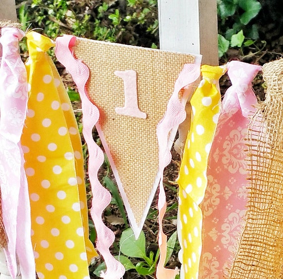Pink and Yellow First 1st Birthday Burlap garland, high chair bunting and crown - perfect for photo shoots Il_570xn