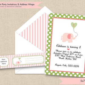 Pink Baby Elephant Invito stampabile, Preppy Elephant, Printable Party Invitation, Envelope Address Wraps, Lucky Elephant, Pink Elephant
