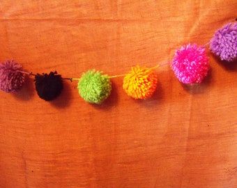 Hot Pink, Lime Green, Orange, Black and Purple Halloween Yarn Pom Pom Garland | Funky Colors | Banner | Bunting | Photo Prop | Neon | Bright