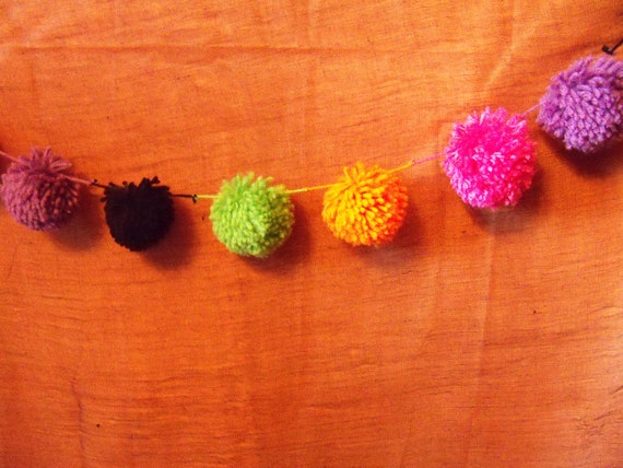 Hot Pink, Lime Green, Orange, Black and Purple Halloween Yarn Pom Pom Garland | Funky Colors | Banner | Bunting | Photo Prop | Neon | Bright Il_570xn