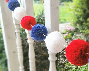 Red, White and Blue, Patriotic, July 4th Yarn Pom Pom Garland for Party Decor, Banners, Buntings and Photo Props