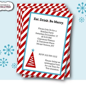 Be Merry Printable Holiday Party Invitation, Christmas Party Printable, Christmas Invitation, Invite, Red and Aqua, Eat Drink and Be Merry image 1