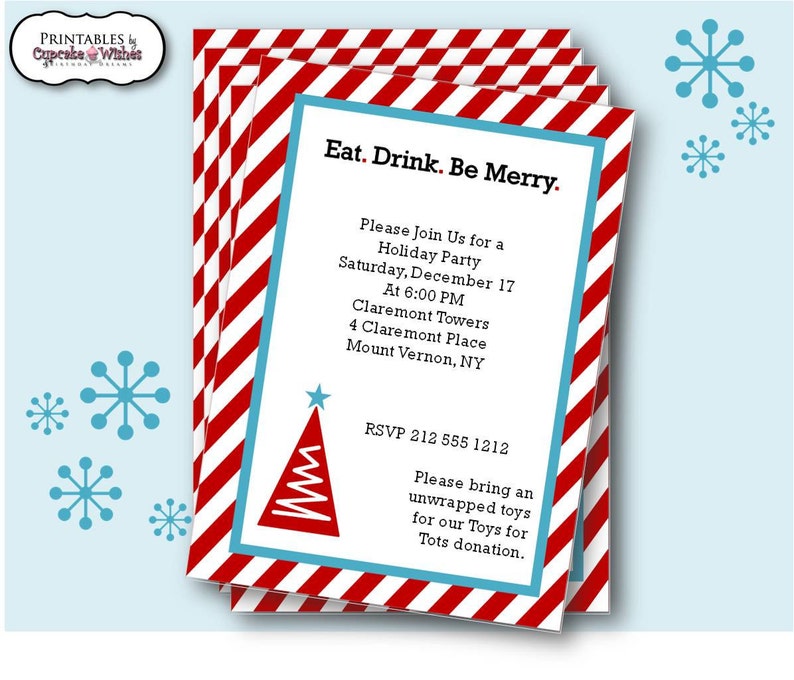 Be Merry Printable Holiday Party Invitation, Christmas Party Printable, Christmas Invitation, Invite, Red and Aqua, Eat Drink and Be Merry image 1