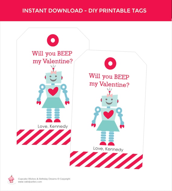 Girl Robot Valentine's Favor Tag, Punny Valentine's, Classroom Treat Labels, Valentine's Day, Printable, Robot, Vintage Robot, Retro Robot Il_570xn