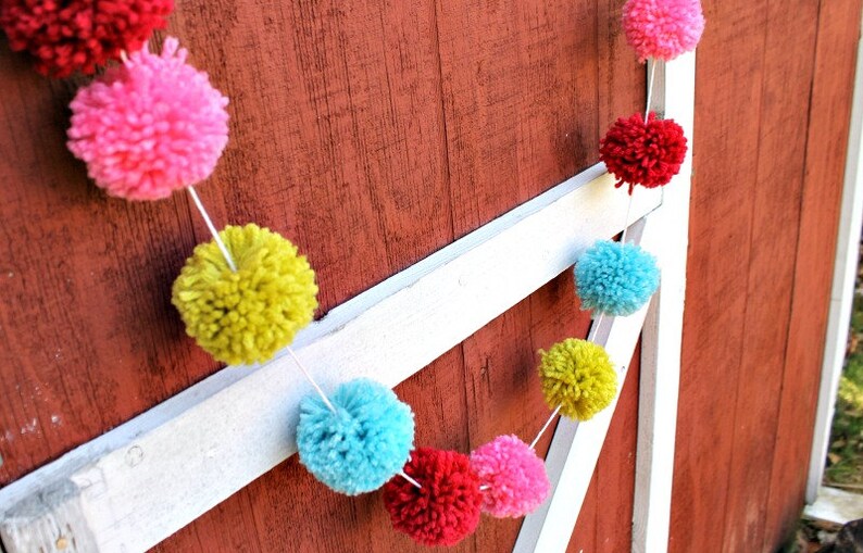 Red, Turquoise, Pink, Bright Green Yarn Pom Pom Christmas Garland, Christmas Tree Garland, Christmas Decor, Holiday Decor, Mantle Decor image 2