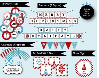 Eat, Drink and Be Merry Printable Banner, Holiday Party Printable, Christmas Banner, Red and Aqua Christmas, Candy Cane Holiday Printables