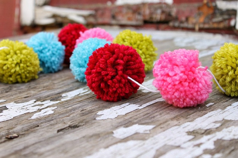 Red, Turquoise, Pink, Bright Green Yarn Pom Pom Christmas Garland, Christmas Tree Garland, Christmas Decor, Holiday Decor, Mantle Decor image 3