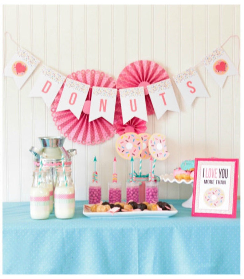 Donuts Valentine Printable Party Banner Donuts Birthday Banner Love Donuts Party Printable Donut Party Kids Valentine Printables image 1