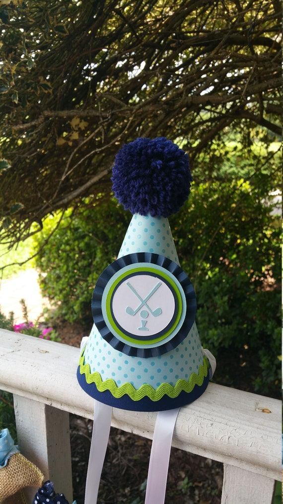 Guess Who's Four? Golf Party Hat, Light Blue, Navy, Green, Party Hat, Golf Party, Birthday Party hats, First Birthday, Little Golfer Party Il_570xn