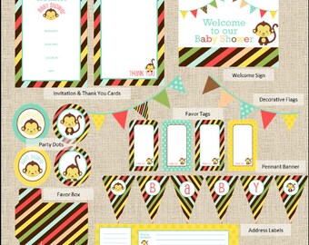 May include: Printable baby shower party decorations featuring a cute monkey design. The set includes a welcome sign, favor tags, pennant banner, address labels, tented cards, napkin rings, a favor box, party dots, and invitation and thank you cards. All items feature a striped pattern in yellow, red, brown, and blue.