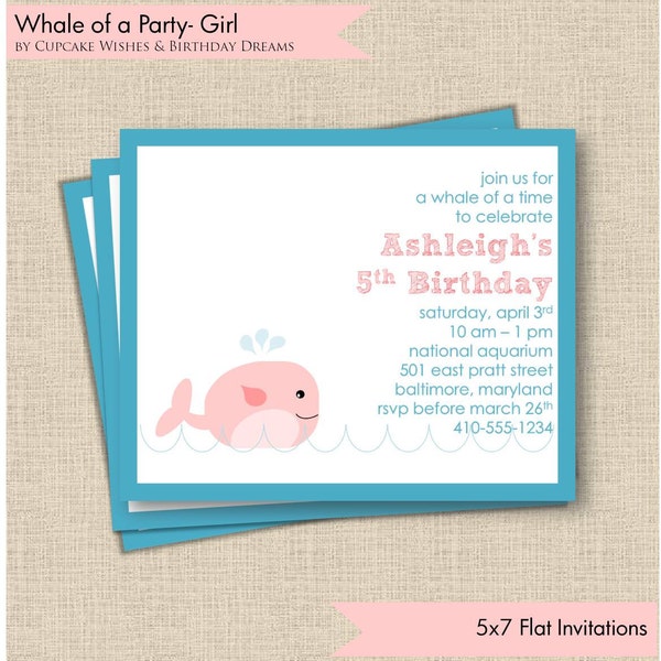 Printable Whale of a Time Party Invitations, matching envelope, address wraps, girl themed birthday, girly whale, whale of a time, Ocean