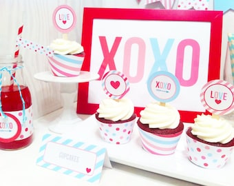 Valentine's Day XOXO Printables, Love Printables, Modern Valentine's Party Printable, Vday Party, Red and Aqua Valentine's, Love, Hearts