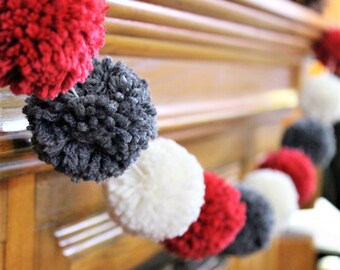 Christmas Garland, Yarn Pompom Garland, Red, Cream, and Grey, Christmas Tree, Garland, Holiday PomPoms, Holiday Decor, Christmas Buntings