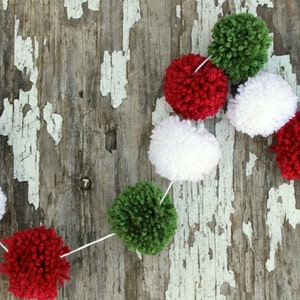 Christmas Garland, Red, White, Green Yarn Pom Pom, Christmas Tree Garland, PomPoms, Holiday Decor, Christmas Buntings, Photo Prop, image 2