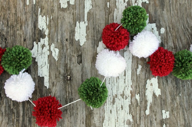 Christmas Garland, Red, White, Green Yarn Pom Pom, Christmas Tree Garland, PomPoms, Holiday Decor, Christmas Buntings, Photo Prop, image 2