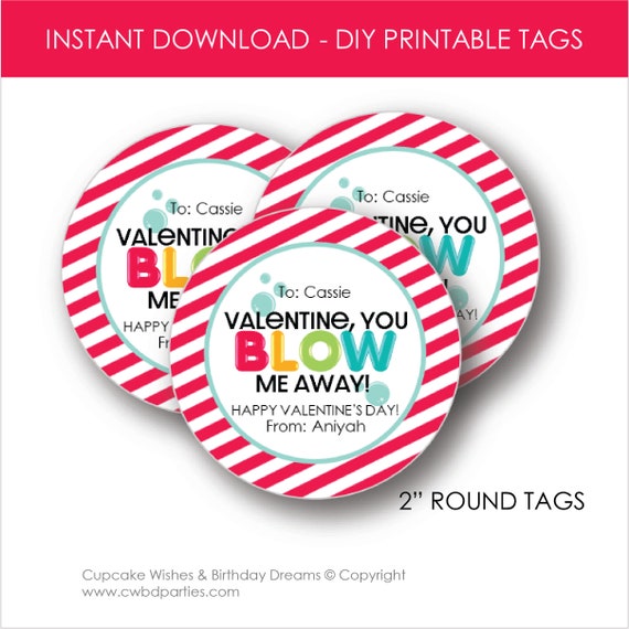 Valentine, You Blow Me Away Round Printable Tag, Blowing Bubbles Valentine, Valentine's Day Printable, Kid's Valentine's, Download Tag Il_570xn