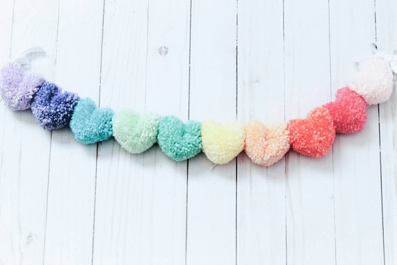 Pastel Heart Yarn Pom Pom Garland, Pastel Rainbow Heart Pompom Bunting, Heart Shaped Garland, Photo Props, Valentine's Day Garland Il_570xn