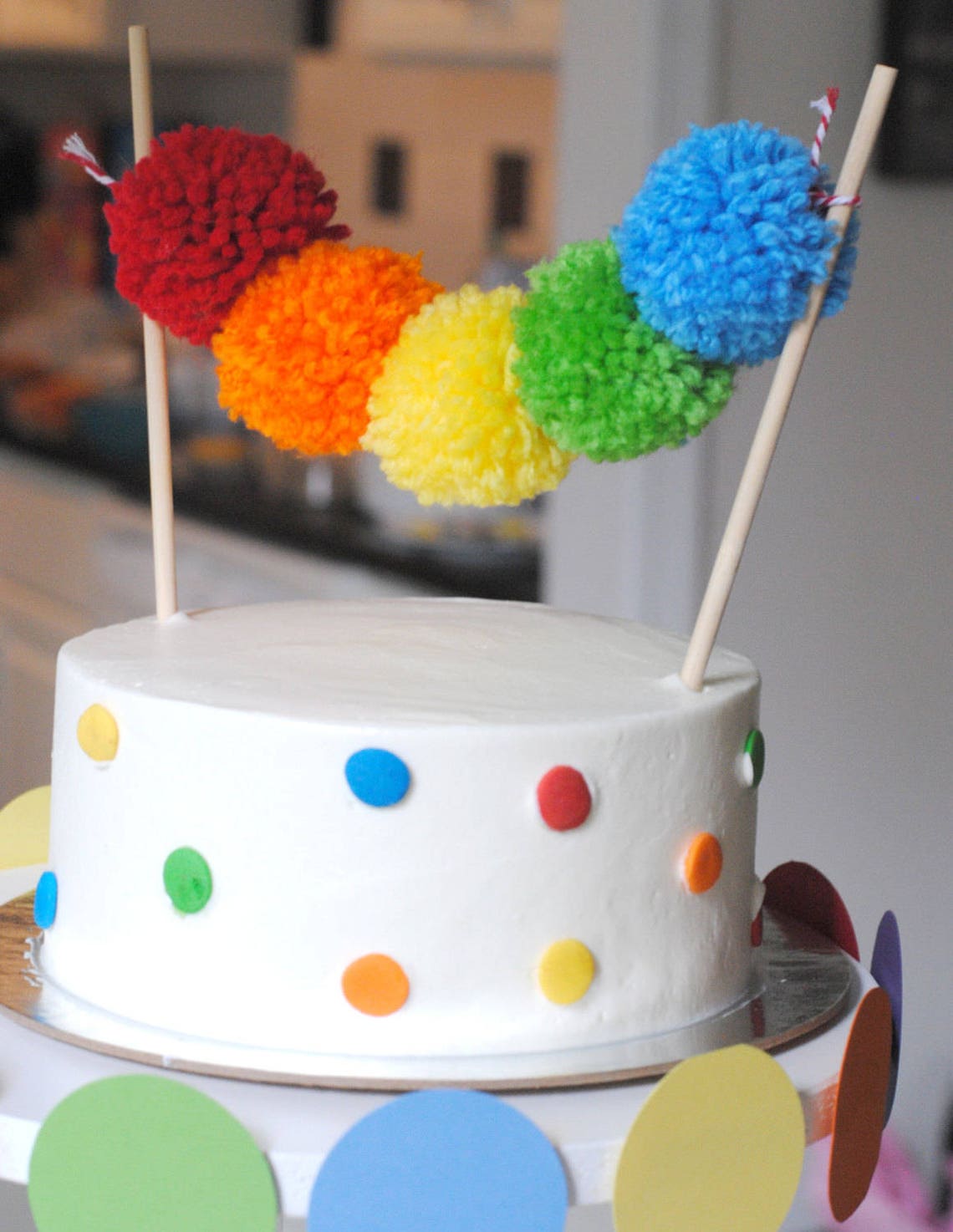 Rainbow Yarn Pom Pom Cake Topper Pom Poms Handmade Pom Etsy