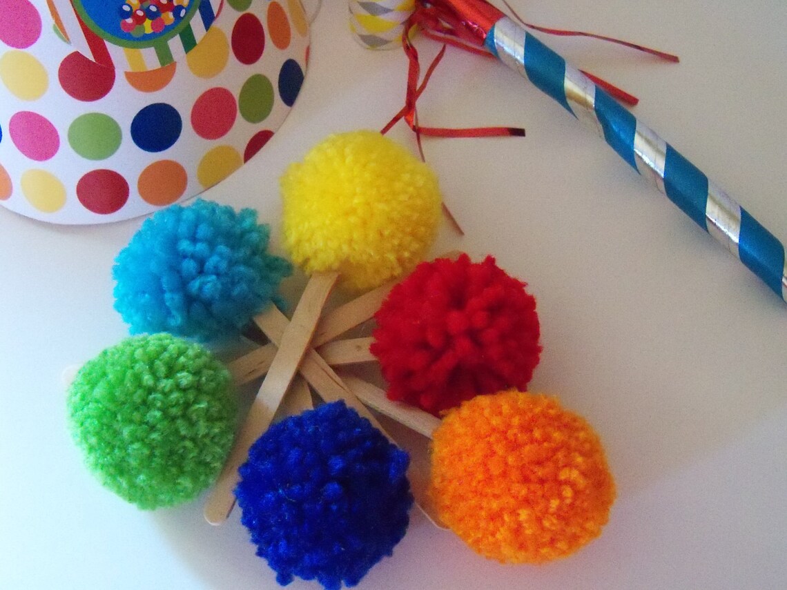 Rainbow Yarn Pom Pom Cupcake Toppers Cupcake Toppers St. Etsy