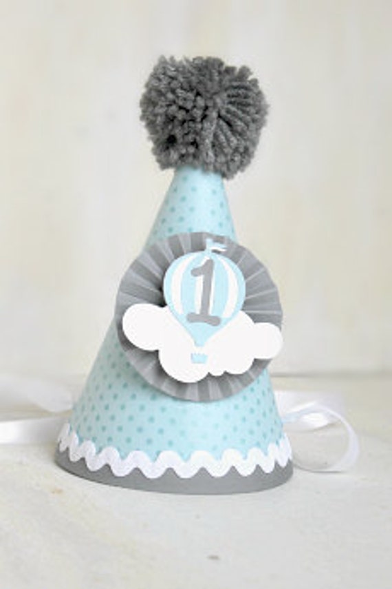 Baby Blue and Grey Hot Air Balloon Party Hat | Up Up and Away | Clouds | Birthday Party hats | First Birthday | Flying High Party | Boy Il_570xn