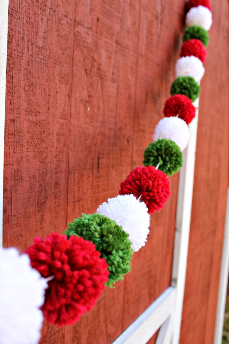 Christmas Garland, Red, White, Green Yarn Pom Pom, Christmas Tree Garland, PomPoms, Holiday Decor, Christmas Buntings, Photo Prop, image 5