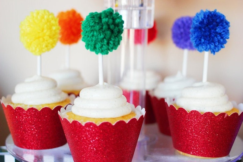 Rainbow Yarn Pom Pom Cupcake Toppers Cupcake Toppers St. Etsy