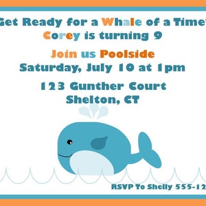 Op de afbeelding: Een illustratie van een blauwe walvis met een witte buik en een waterstraal erboven. De tekst op de uitnodiging luidt "Get Ready for a Whale of a Time! Corey is turning 9. Join us Poolside Saturday, July 10 at 1pm. 123 Gunther Court Shelton, CT. RSVP To Shelly 555-1234."